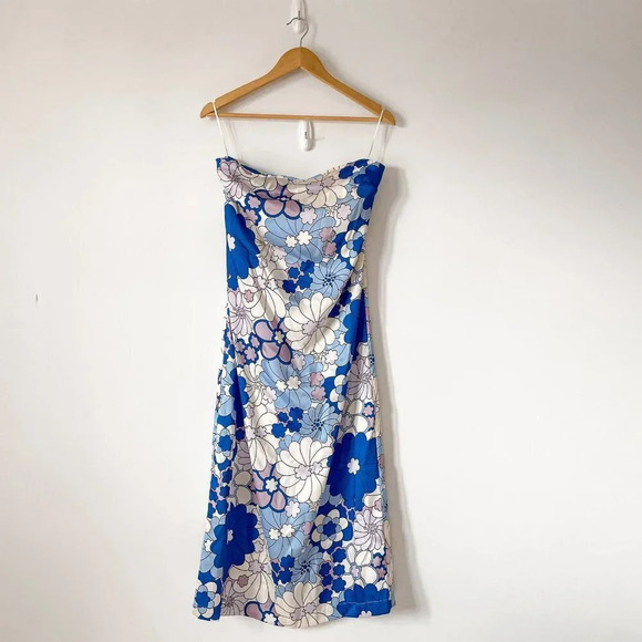 Zara Retro Floral Satin Effect Strapless Midi Dress NWT Blue White Purple Small - Picture 12 of 16